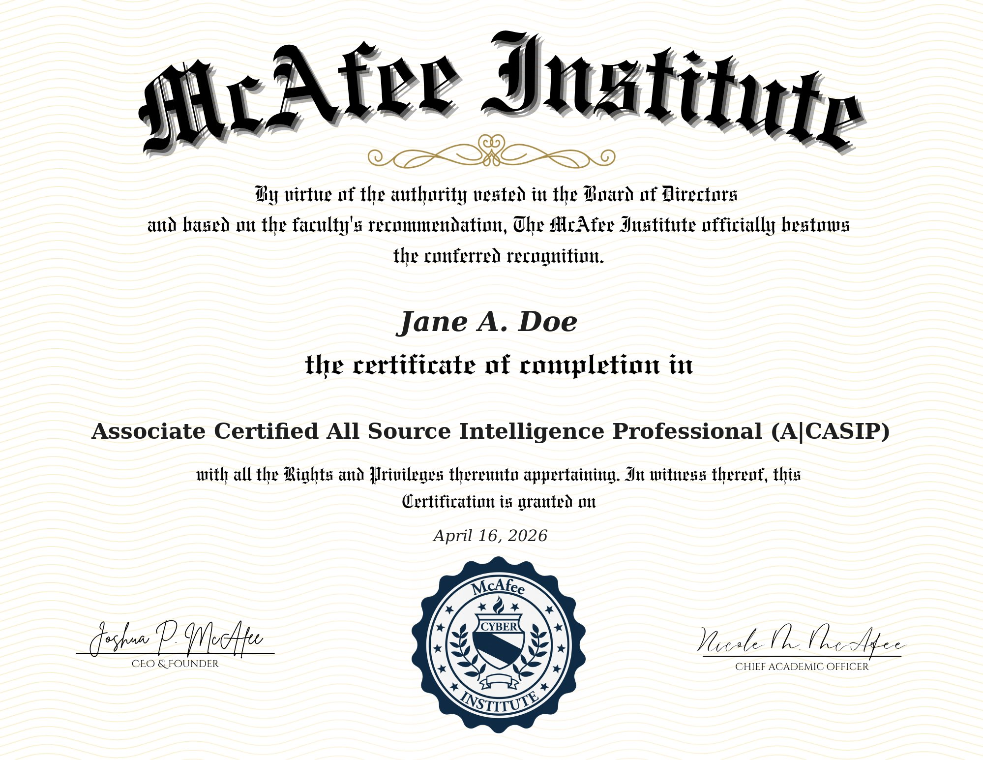 Associate Certified All-Source Intelligence Professional (A|CASIP) certificate sample