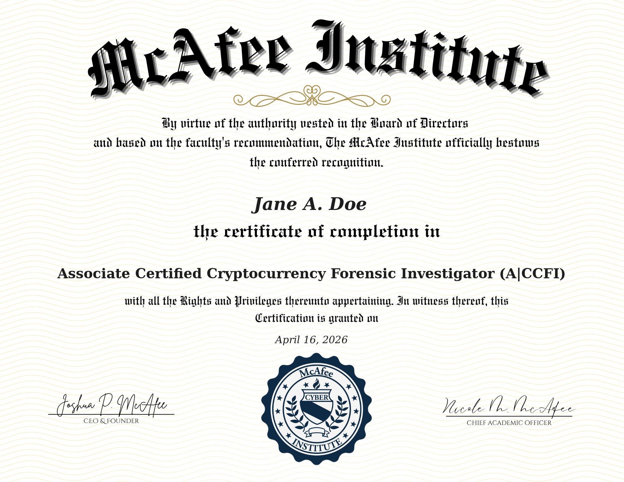Associate Certified Cryptocurrency Forensic Investigator (A|CCFI) certificate sample