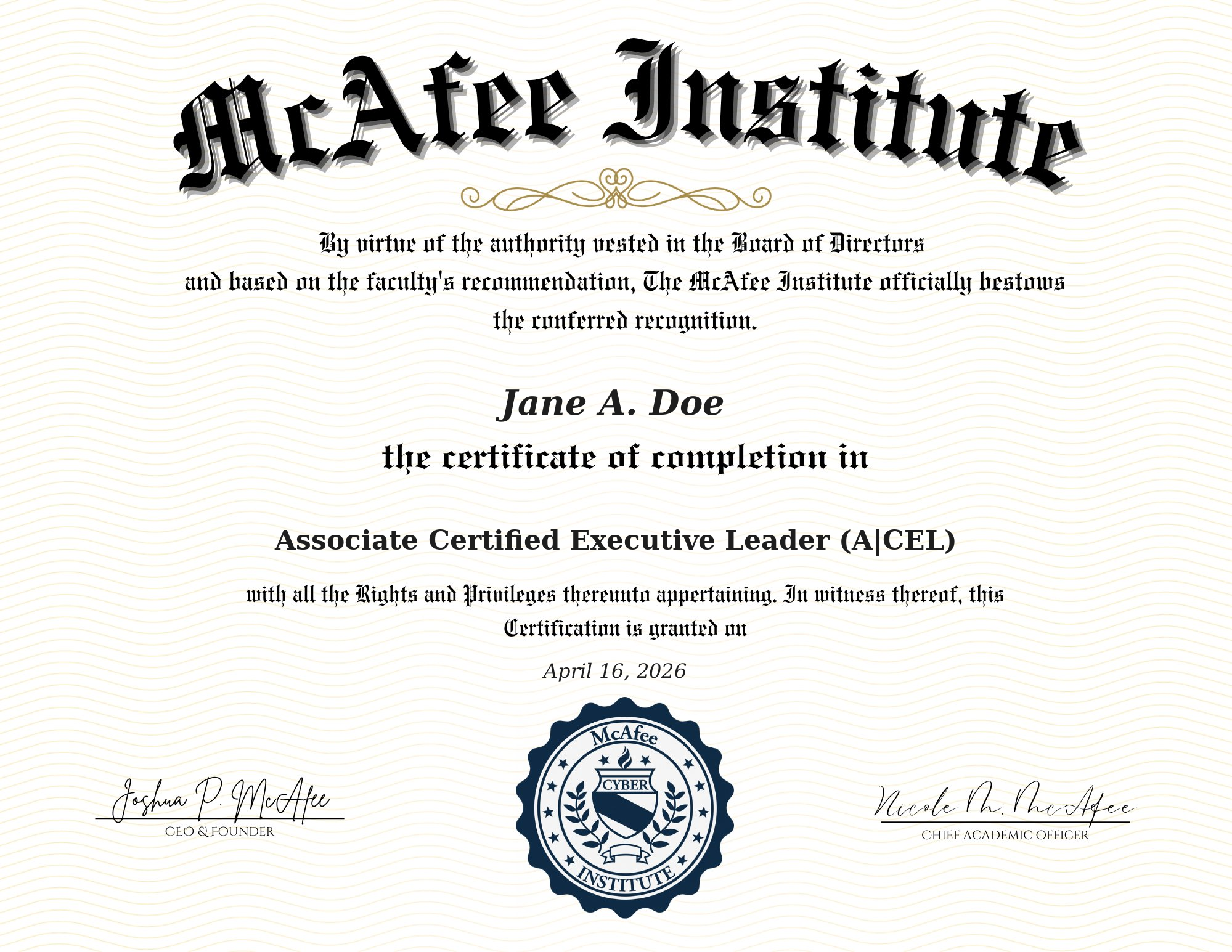 Associate Certified Executive Leader (A|CEL) certificate sample