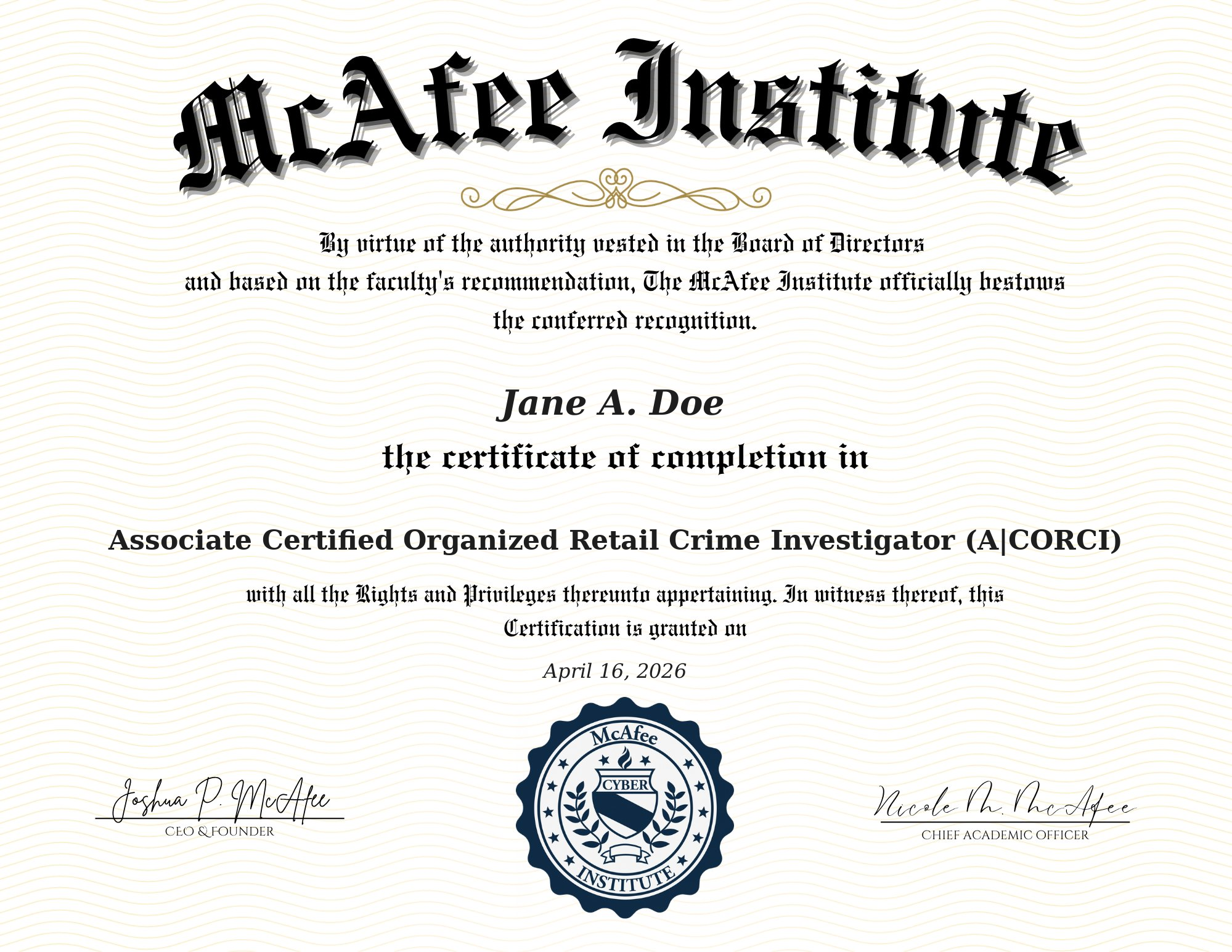 Associate Certified Organized Retail Crime Investigator (A|CORCI) certificate sample