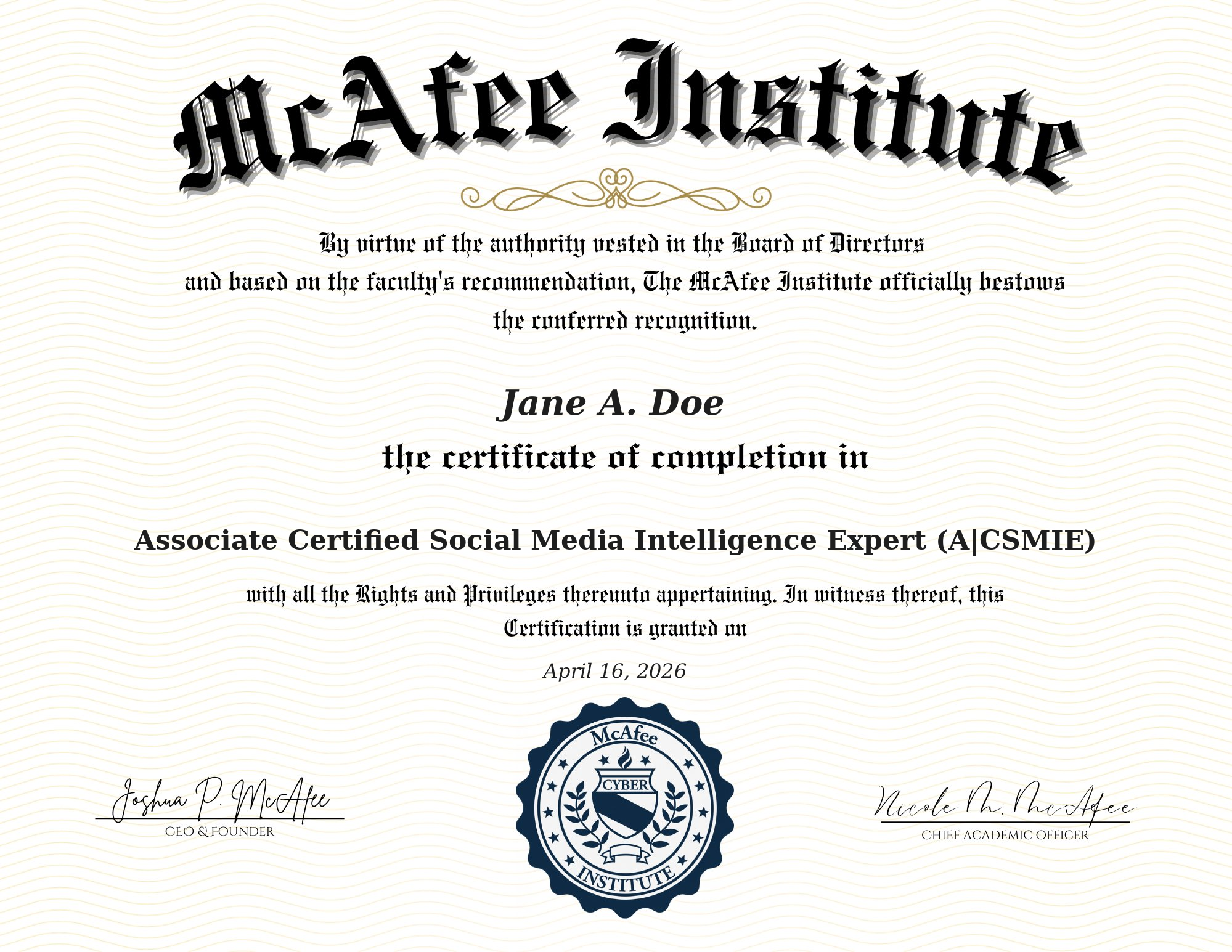 Associate Certified Social Media Intelligence Expert (A|CSMIE) certificate sample