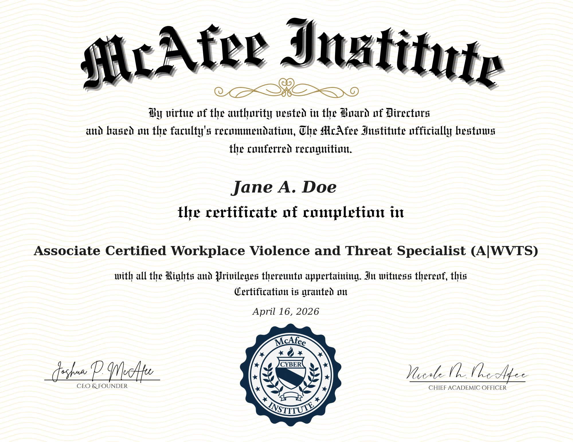 Associate Certified Workplace Violence & Threat Specialist (A|WVTS) certificate sample