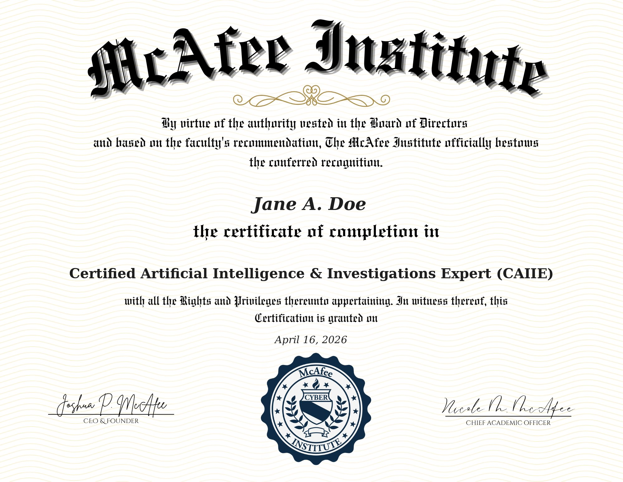 Certified Artificial Intelligence & Investigations Expert (CAIIE) certificate sample