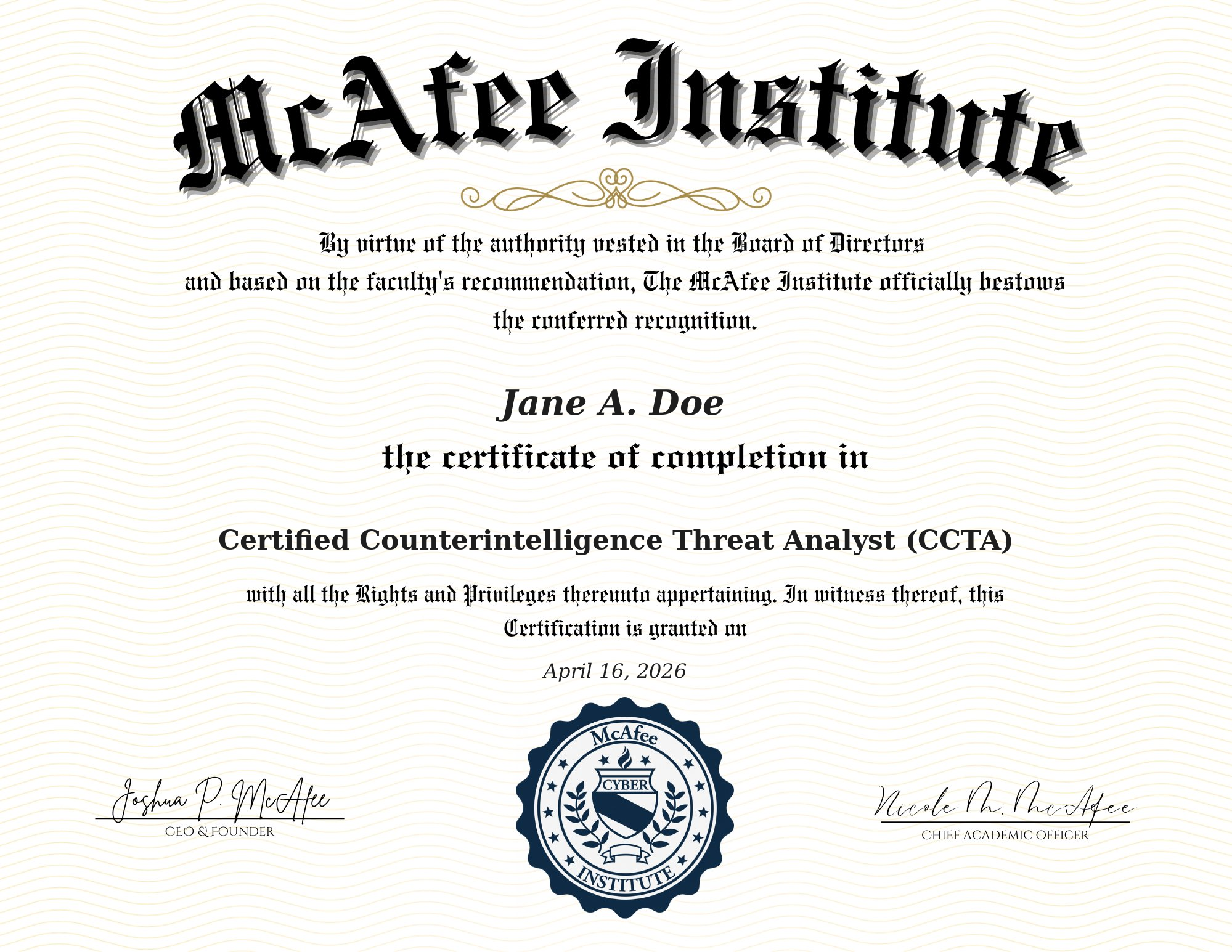 Certified Counterintelligence Threat Analyst (CCTA) certificate sample