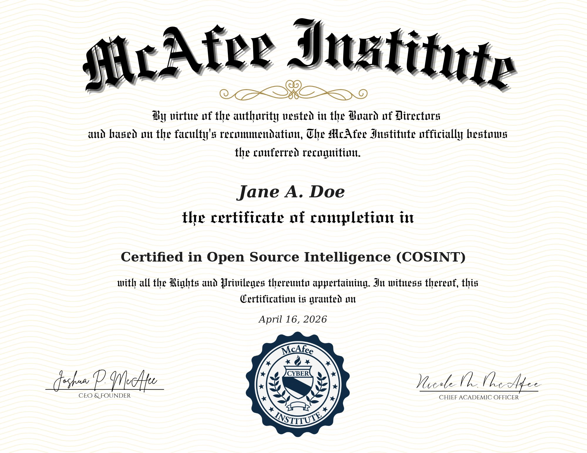 Certified in Open Source Intelligence (C|OSINT) certificate sample