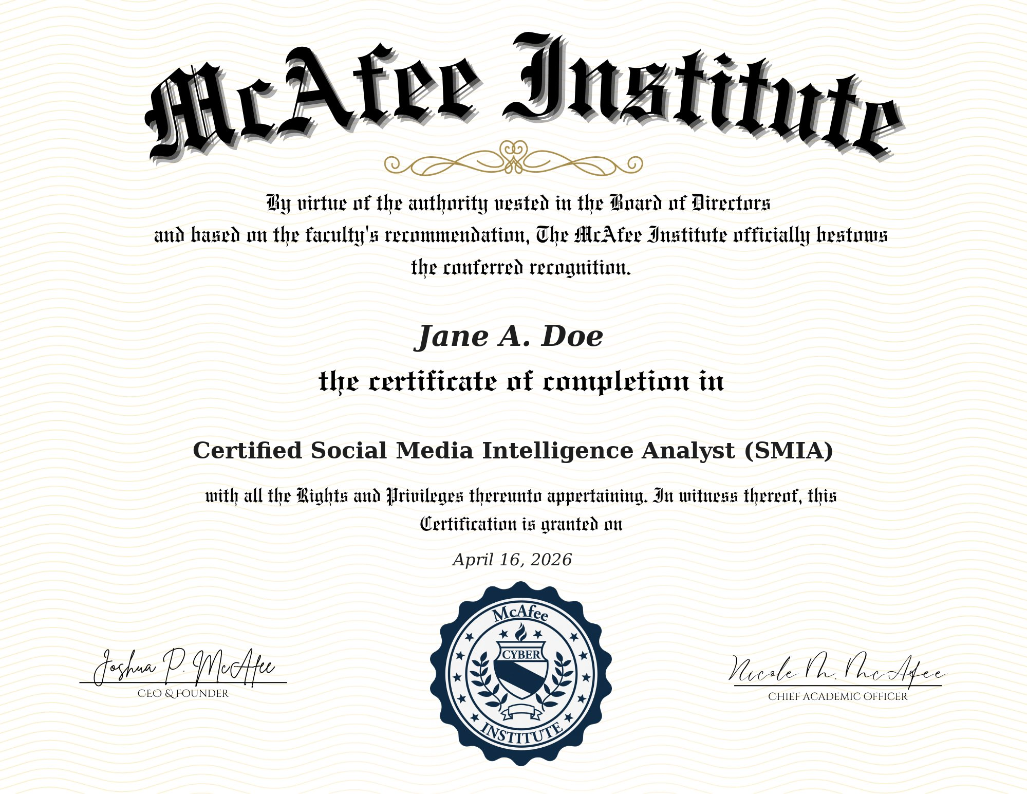 Certified Social Media Intelligence Analyst (SMIA) certificate sample