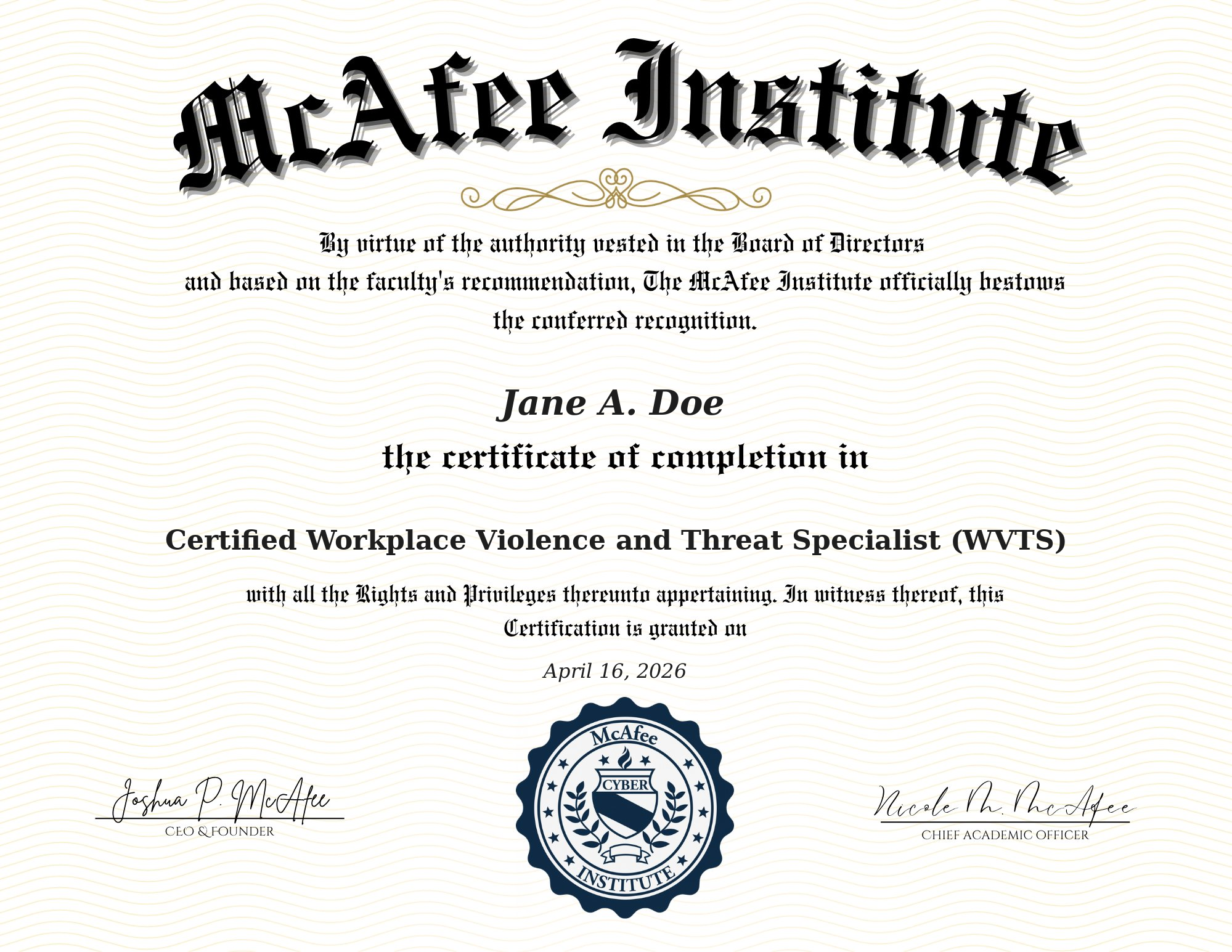 Certified Workplace Violence & Threat Specialist (WVTS) certificate sample
